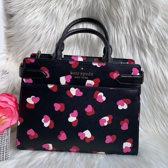 Kate Spade  Staci Flutter Hearts Heart Printed Medium Satchel Black crossbody - Picture 7 of 10